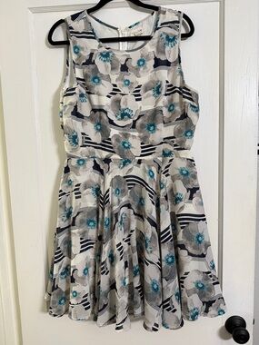 Maison Jules Teal, Gray & White Floral Fit-and-Flare Dress